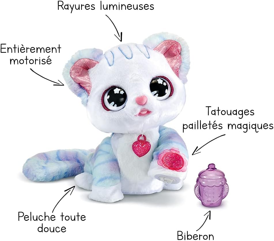 VTech - Ruby, Mon Chat Magische Pailletten, interaktives Plüschtier – Würfel 3 Jahre – Version FR