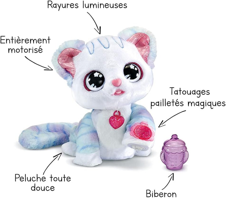 VTech - Ruby, Mon Chat Magische Pailletten, interaktives Plüschtier – Würfel 3 Jahre – Version FR