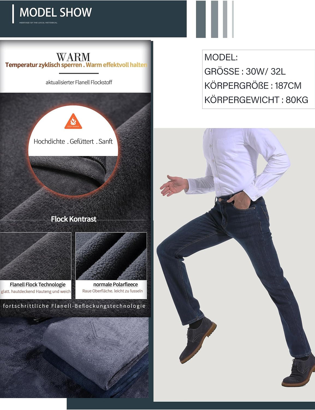 ziilay Thermojeans Herren Thermohose Schneehose gefütterte Winterhose Winterjeans mit Fleece gefütte