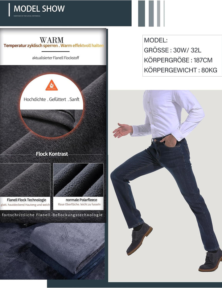 ziilay Thermojeans Herren Thermohose Schneehose gefütterte Winterhose Winterjeans mit Fleece gefütte