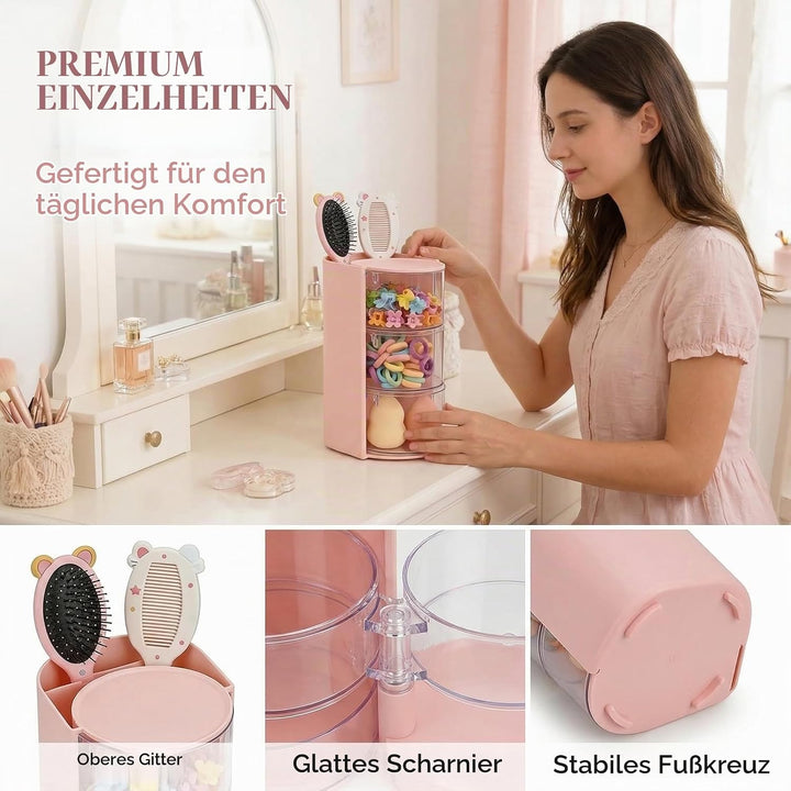 Make Up Organizer, Skincare Organizer mit Haargummi Aufbewahrung, Drehbarer Kosmetik Organizer für S