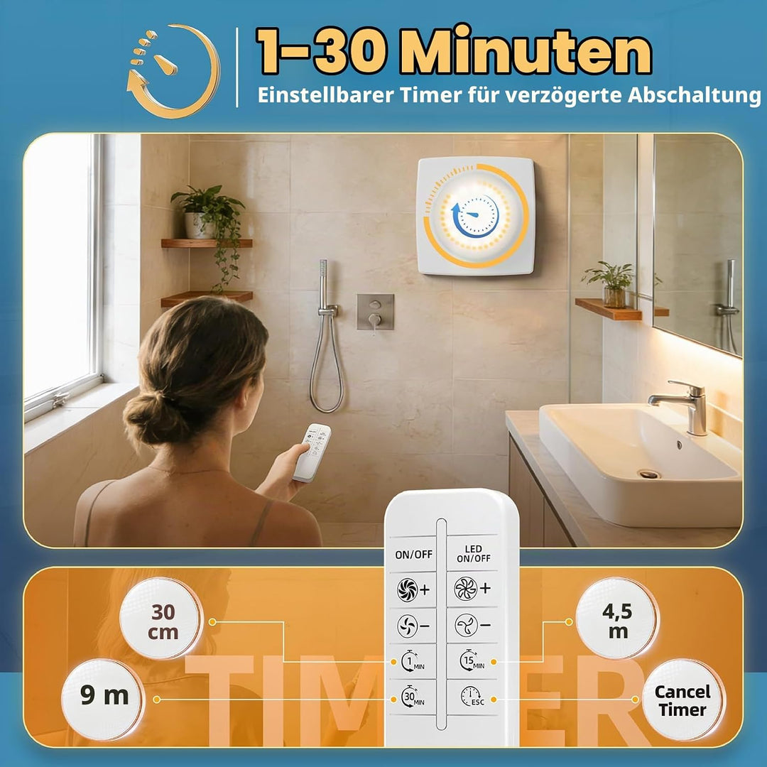 100mm Badlüfter mit Nachlauf &amp; LED Beleuchtung,3000U/min 220m³/h,2 Wege 6 Drehstufen mit Anzeigelamp