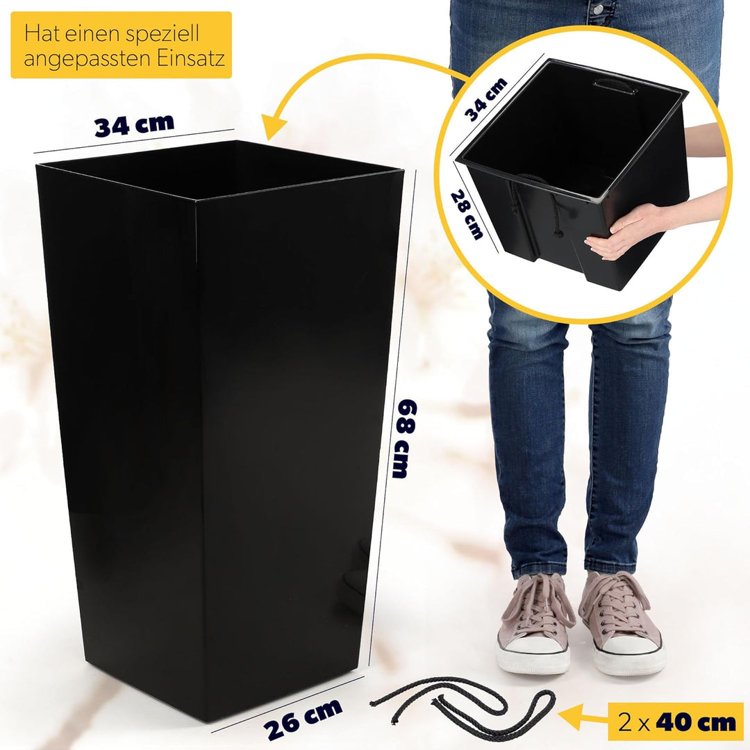 KADAX Pflanzkübel mit Innentopf, Höhe 68cm, Schwarz-glatt – Wetterfester Blumentopf für Innen & Auss