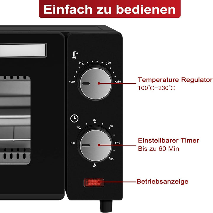 WANNYTON Minibackofen, Backofen 10 L, 650 Watt, 100-230 °C Timer 0-60 Min. inkl. Backblech Grillrost