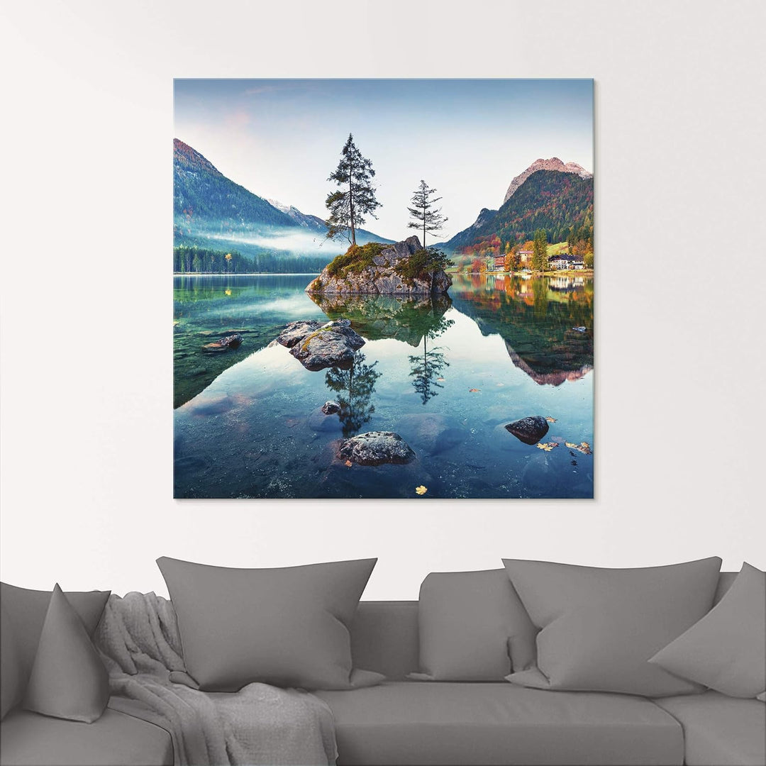 Glasbilder Wandbild Glas Bild einteilig 100x50 cm Querformat Landschaft Alpen Berge See Wald Natur G