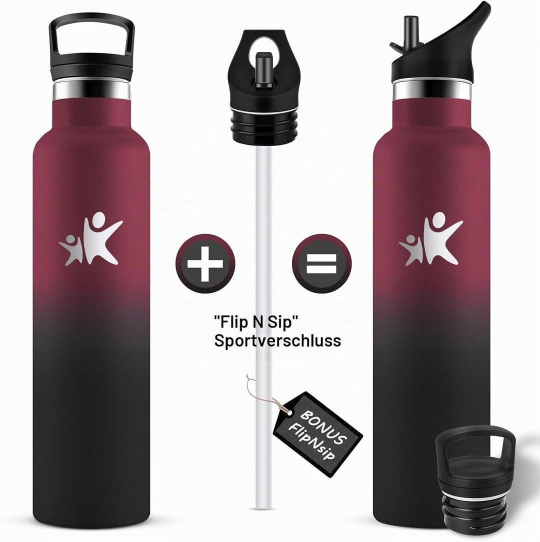 KollyKolla Edelstahl Trinkflasche 1L, Auslaufsichere Wasserflasche mit Strohhalm, Kohlensäure Geeign