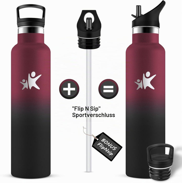KollyKolla Edelstahl Trinkflasche 1L, Auslaufsichere Wasserflasche mit Strohhalm, Kohlensäure Geeign