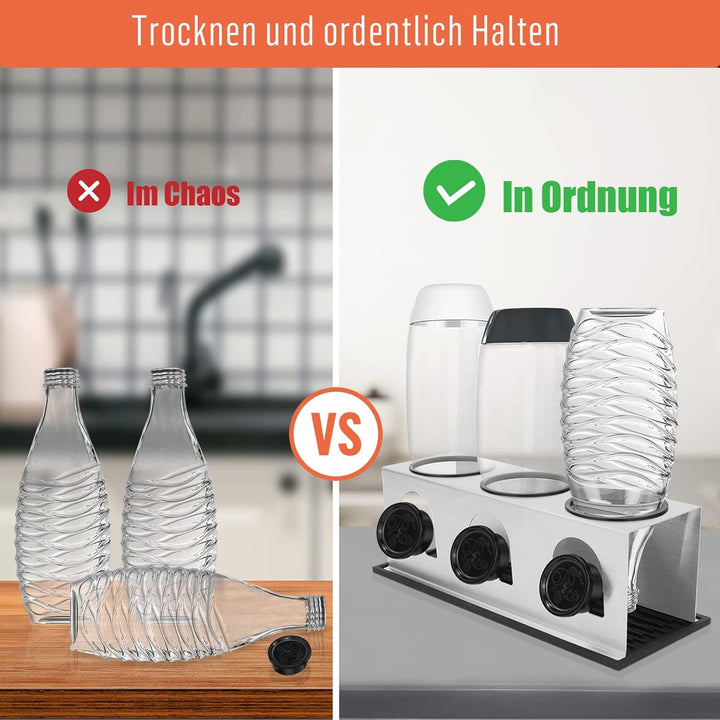 ACTIV CUISINE Flaschenhalter für Sodastream Duo Crystal Flaschen, 3er Edelstahl Abtropfhalter, Abtro