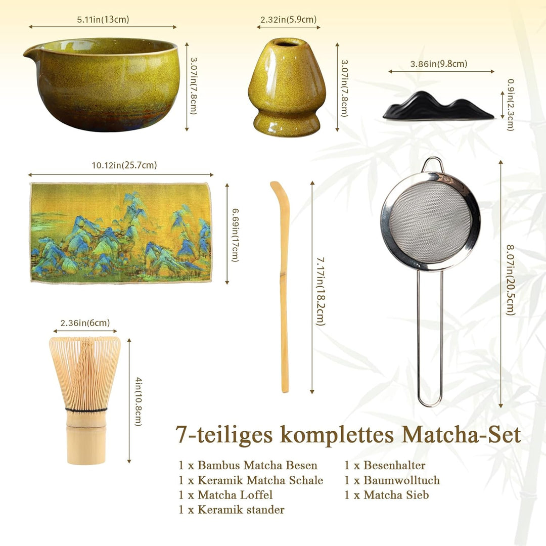 Matcha Set Handgedrehtes Macha Tea Set mit Bambus Matcha Besen, Keramik Matcha Schale, Löffel und Ha