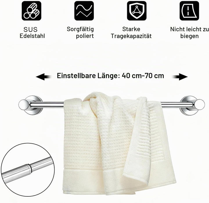 Handtuchhalter aus 304 Edelstahl (Silber) – Verstellbar 43-72 cm mit verdeckten Schrauben – Für Bad,