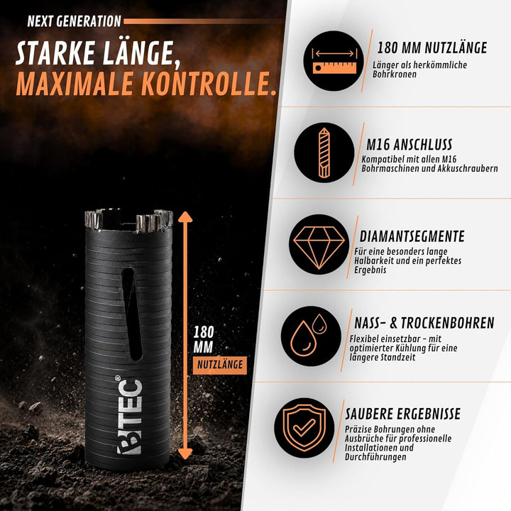 BTEC Premium Diamant Bohrkrone Beton Nutzlänge 180 mm, SDS-plus lang (200mm) Aufnahme und Zentrierbo