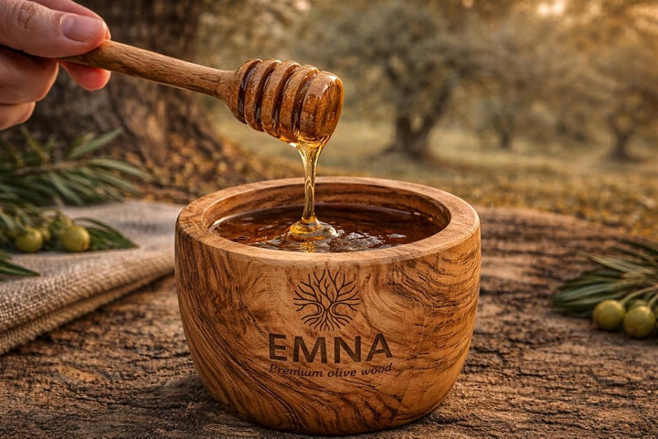 EMNA – 5er Set Honiglöffel aus Olivenholz ca. 13 cm | Handgefertigte Honigheber Holz | Nachhaltig an