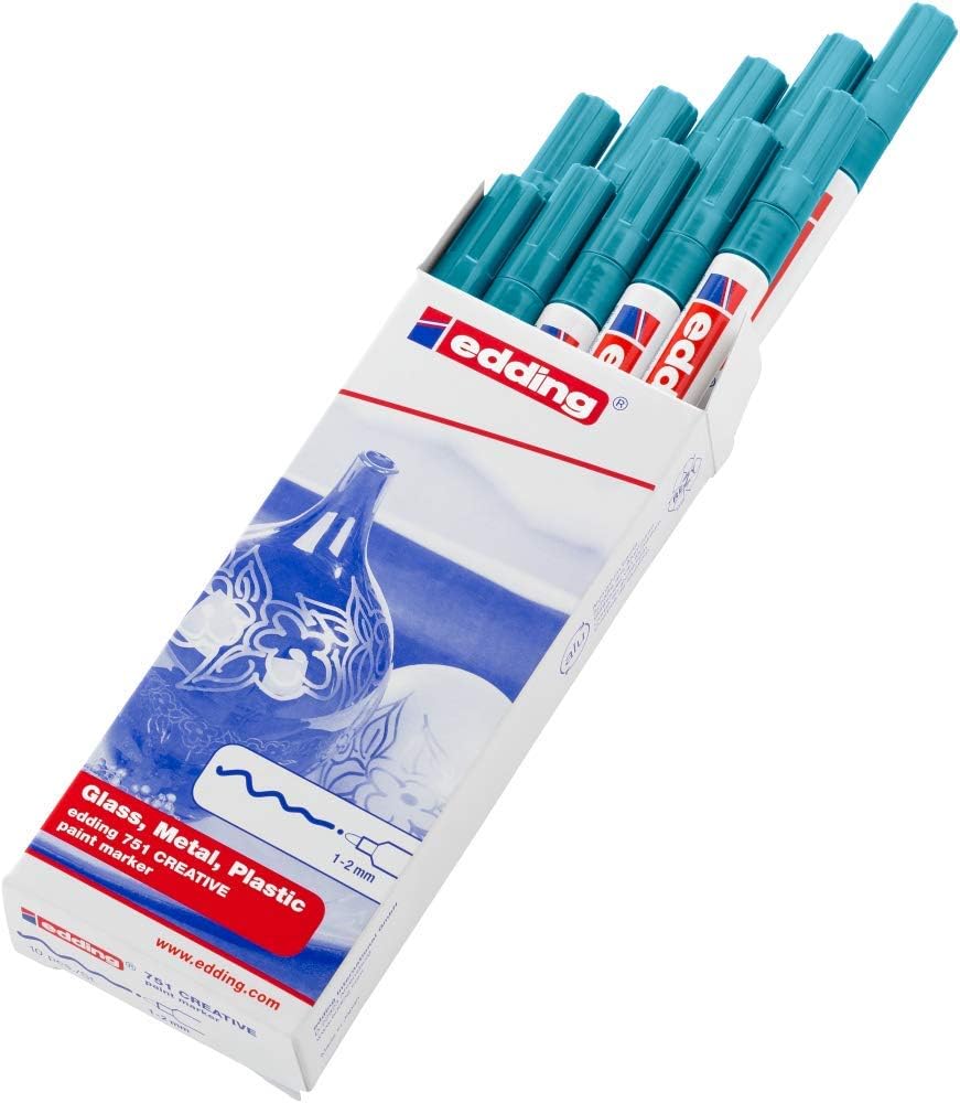 edding 751 Glanzlackmarker - hellblau - 10 Lackmarker - Rundspitze 1-2 mm - Lackstift für Glas, Stei