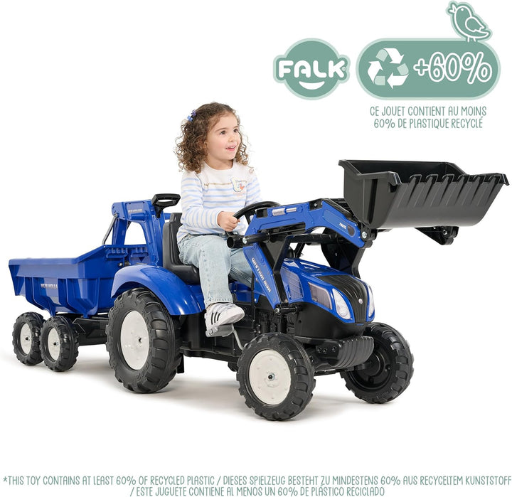 Falk New Holland T8 Tractor + Aanhanger + Lader + Graafarm Frontlader, Heckbagger, Kippbarem Anhänge