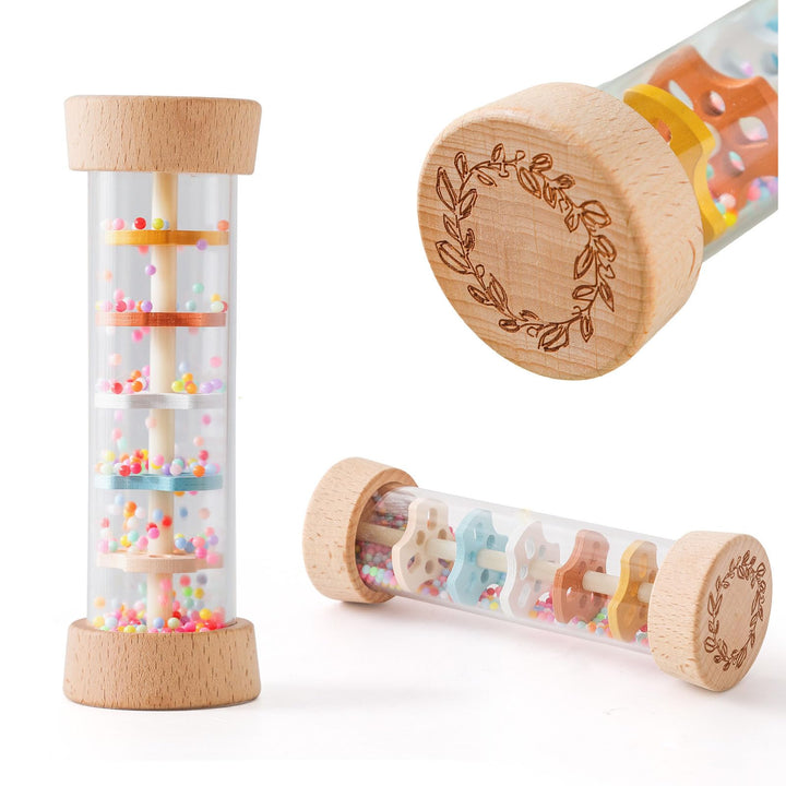 WOODEN TEETHER Regenmacher Rassel Baby – Holz Musikspielzeug mit Beruhigendem Regenklang, Sensorisch