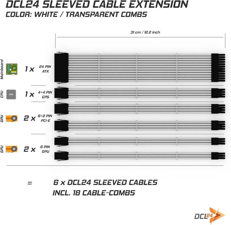 dcl24.de 30CM Sleeved Cable PC Extension Kit Weiss für Netzteil, GPU/CPU, PSU Cable Extensions mit K