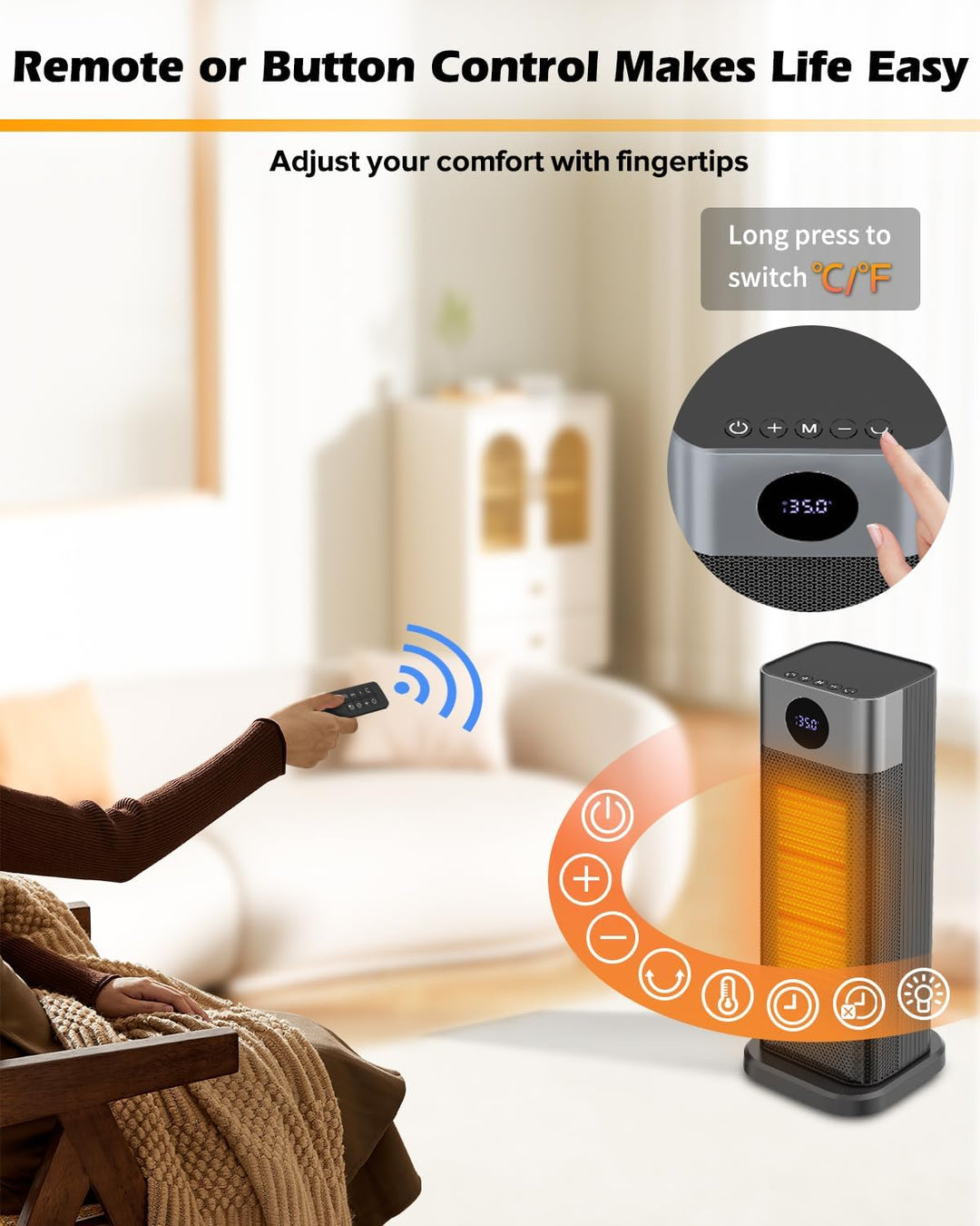 Heizlüfter Energiesparend, 2000W PTC Keramik Heizlüfter Room Heater mit Thermostat Fernbedienung 70°