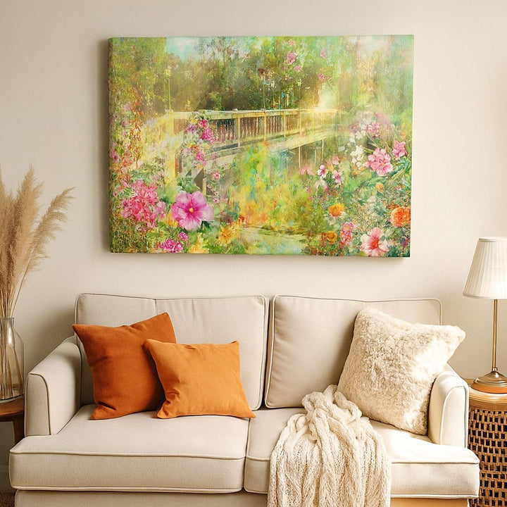 Bilder auf Leinwand 100x70cm Leinwandbild Brücke Park Blume Frühling Gross Wanddeko Bild Schlafzimme