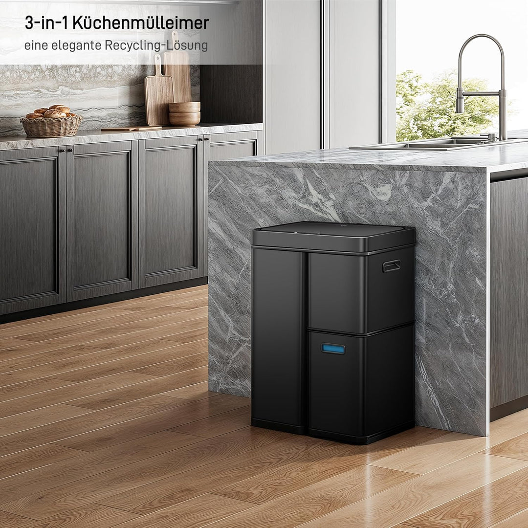 EKO Mirage Plus Mülleimer mit 3 Fächer, 2 x 15 L und 30 L, Recycler Mülleimer mit Sensor, 3 Kunststo