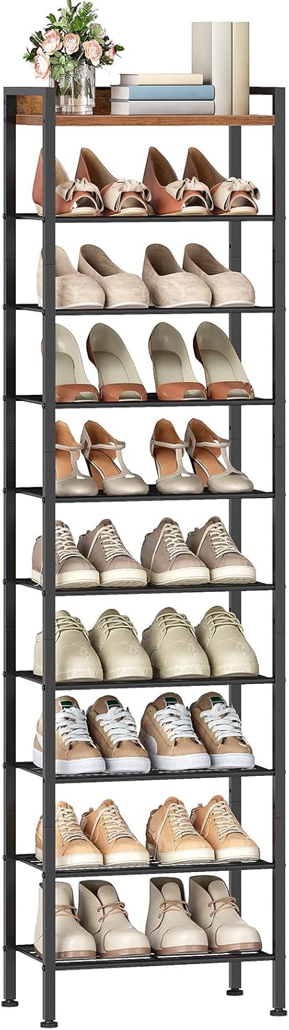HOOBRO Schuhregal mit 10 Ablagen, schmale Schuhablage, Schuhschrank, Schuhorganizer mit herausnehmba