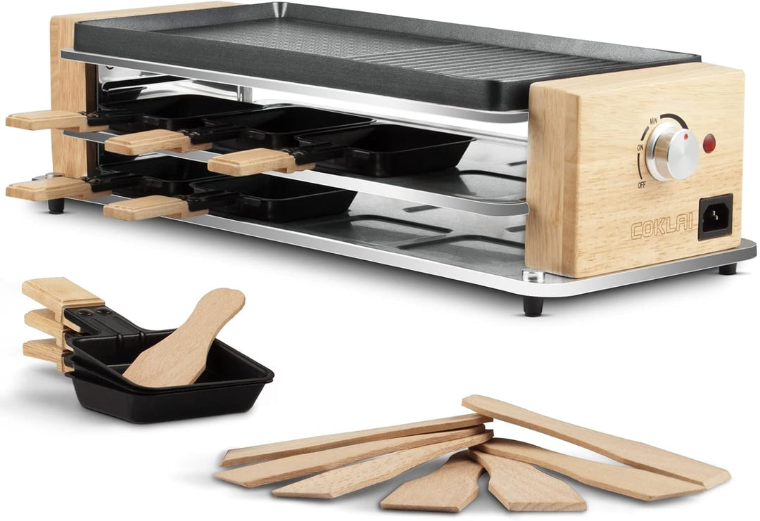 COKLAI Raclette grill 8 Personen mit 2 in 1 Antihaftbeschichtung Grillplatte, Partygrill für 8 Perso