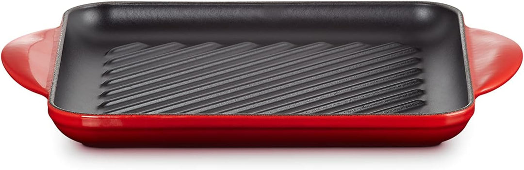 Le Creuset Quadratische Grillplatte aus Gusseisen mit Hilfsgriff, 24 cm, Kirschrot, 20205240600460,