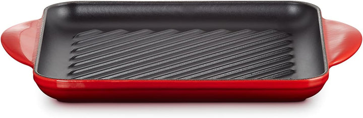 Le Creuset Quadratische Grillplatte aus Gusseisen mit Hilfsgriff, 24 cm, Kirschrot, 20205240600460,