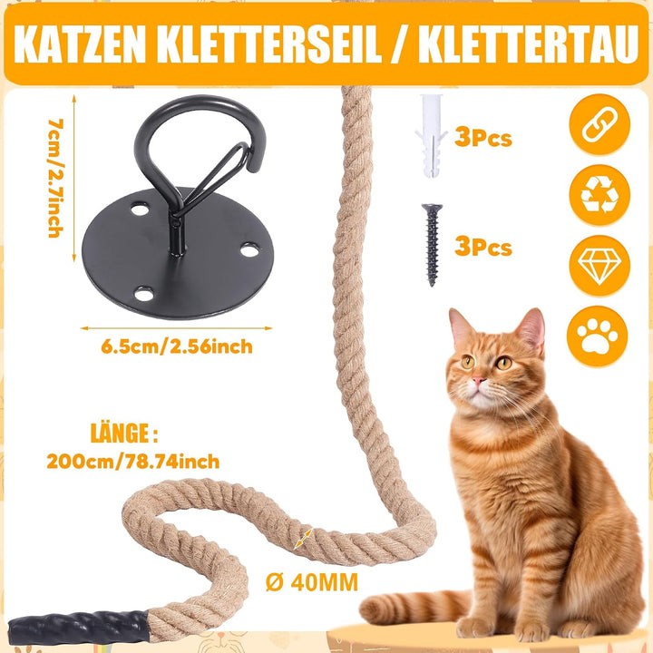 Katzenkletterseil Jute Ø40mm Katzenseil mit Befestigungshaken 2 M | Innenbereich Kletterspielzeug Ka