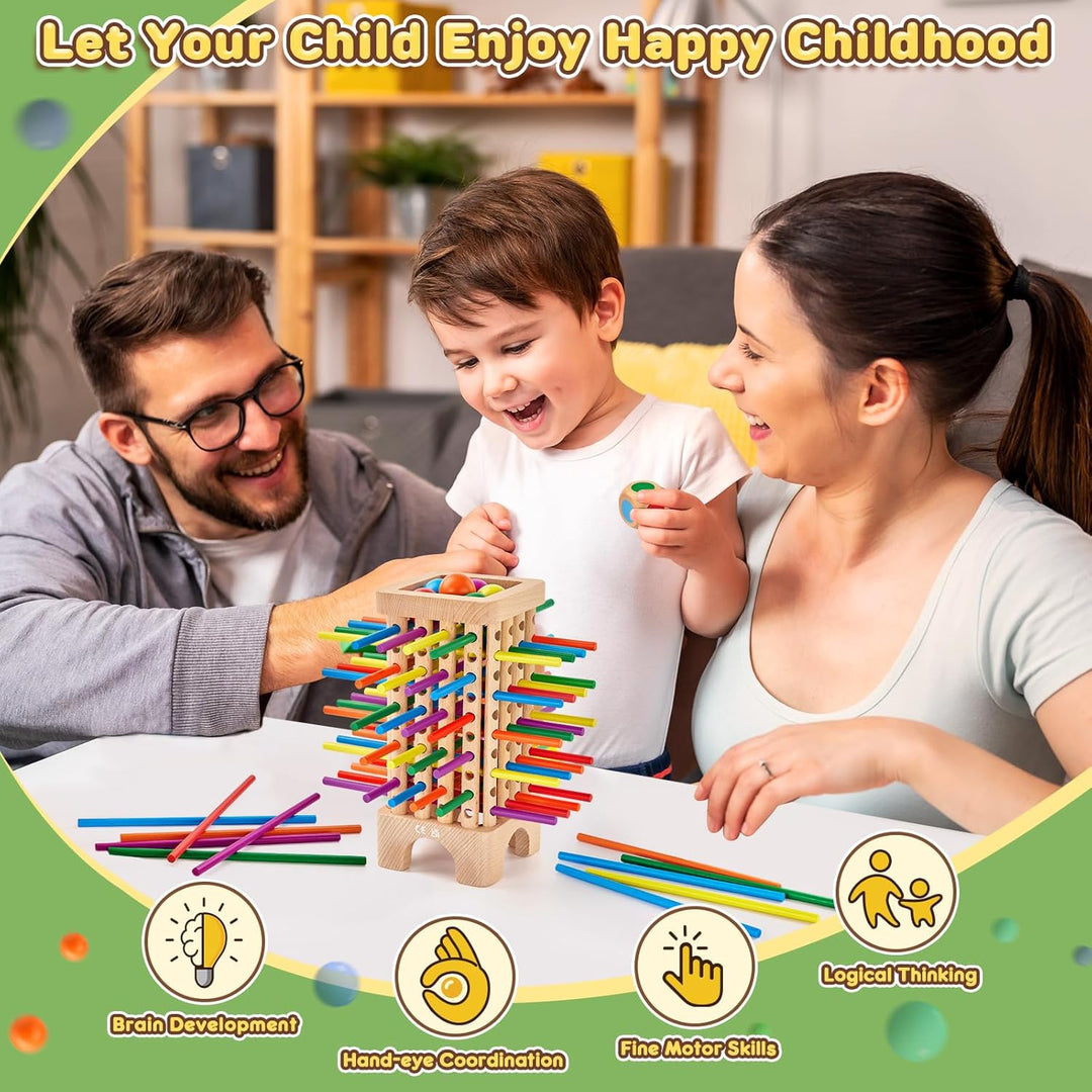 Montessori Spiel Brettspiel aus Holz, Würfelspiel für die Familie, 42 Stück Holzstäbchen Feinmotorik