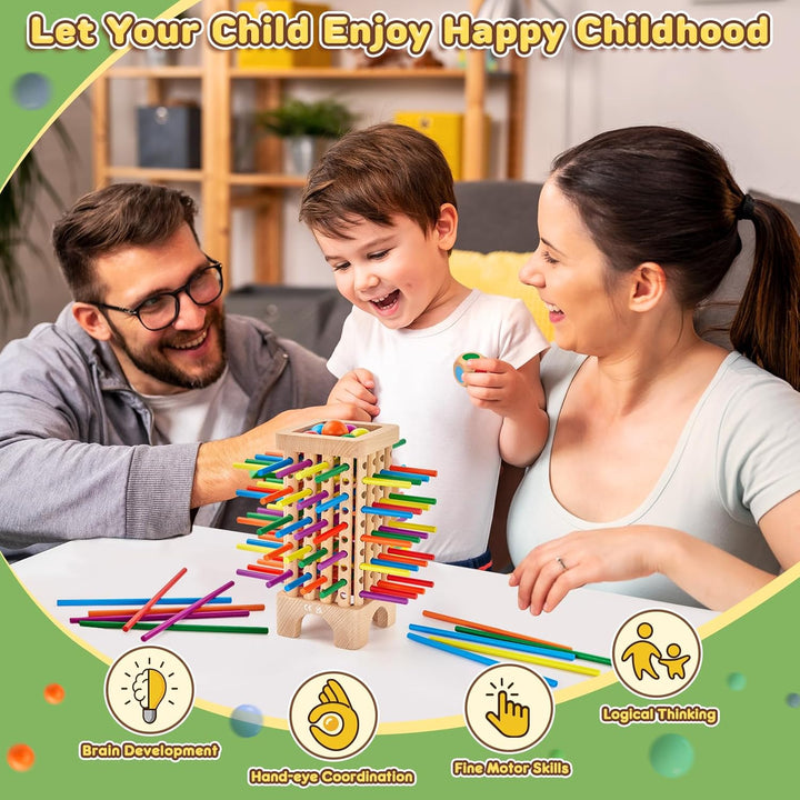 Montessori Spiel Brettspiel aus Holz, Würfelspiel für die Familie, 42 Stück Holzstäbchen Feinmotorik