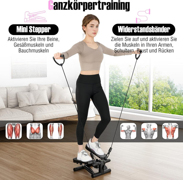 COSTWAY Mini-Stepper mit Widerstandbändern, 2 in 1 Up-Down Stepper mit verstellbarem Widerstand & LC