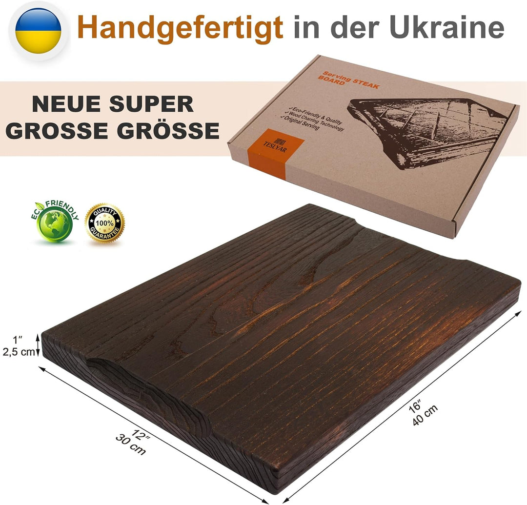 TESLYAR Steak Brett Servierbrett Holz XXL Eichenholz 40x30cm Extragross - Steak Servierplatte/Steakb