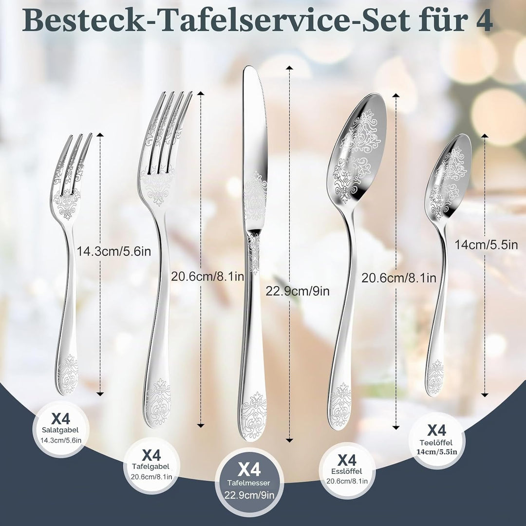 DRAGON RIOT Besteck Set 4 Personen - 20 teilig Edelstahl Besteckset, Silberbesteck mit Messer Gabel