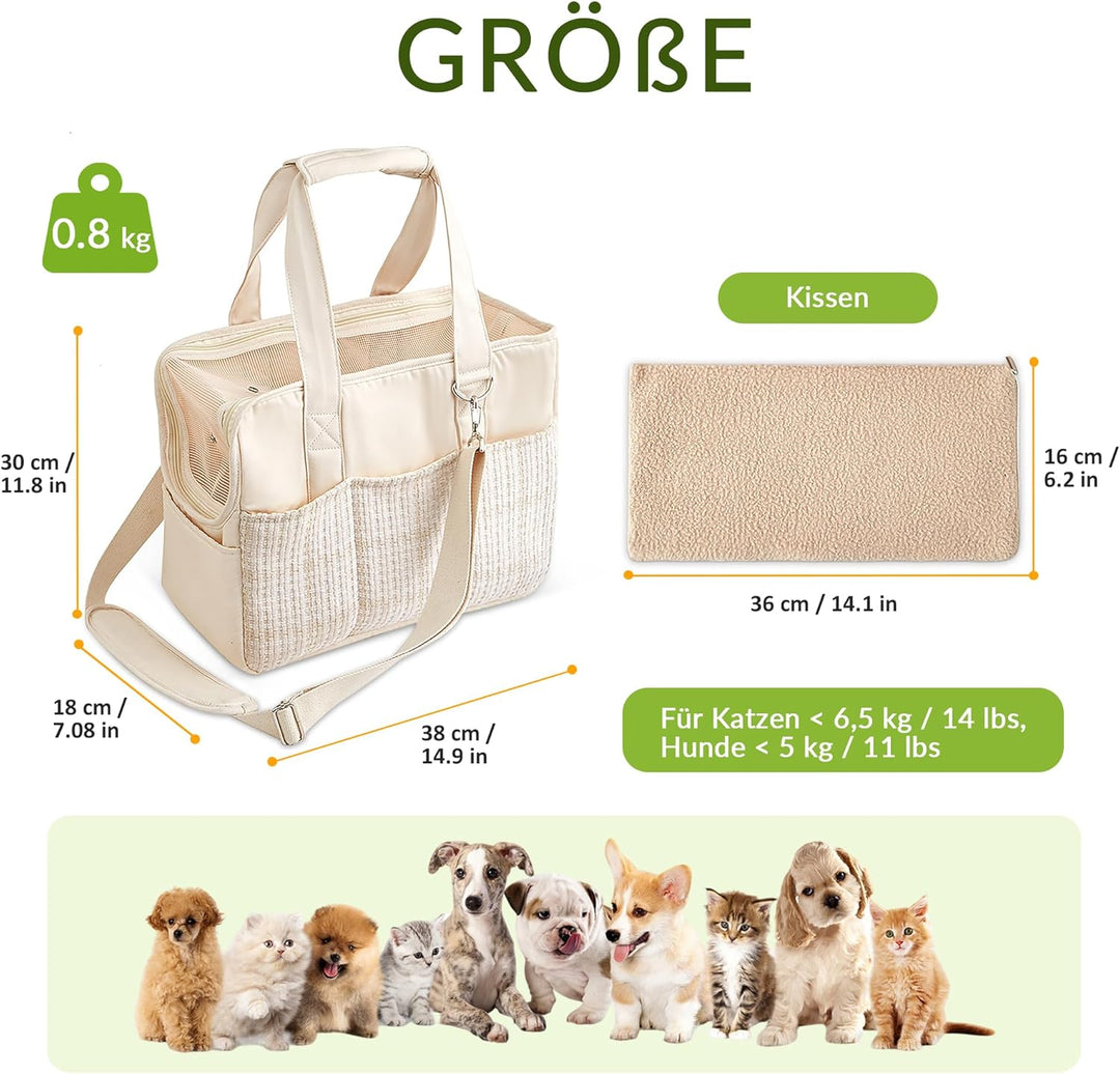 ALLSOPETS Hundetasche für kleine Hunde 5kg und Katzen, Faltbare Tragetasche mit Vordertaschen, Siche