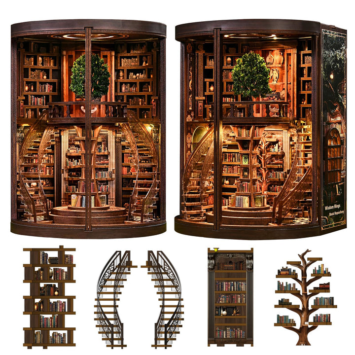 Spilay Book Nook, Runde Bibliothek DIY Miniature House | Mit LED, 3D-Puzzle, Bücherregal- & Schreibt