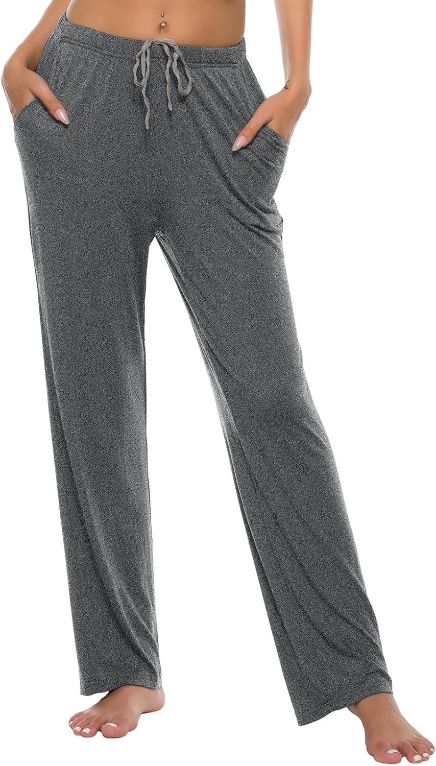 JINSHI Damen Schlafanzughose Lang Pyjamahose Weich Modal Nachtwäsche Freizeithose, Schwarz+dunkelgra