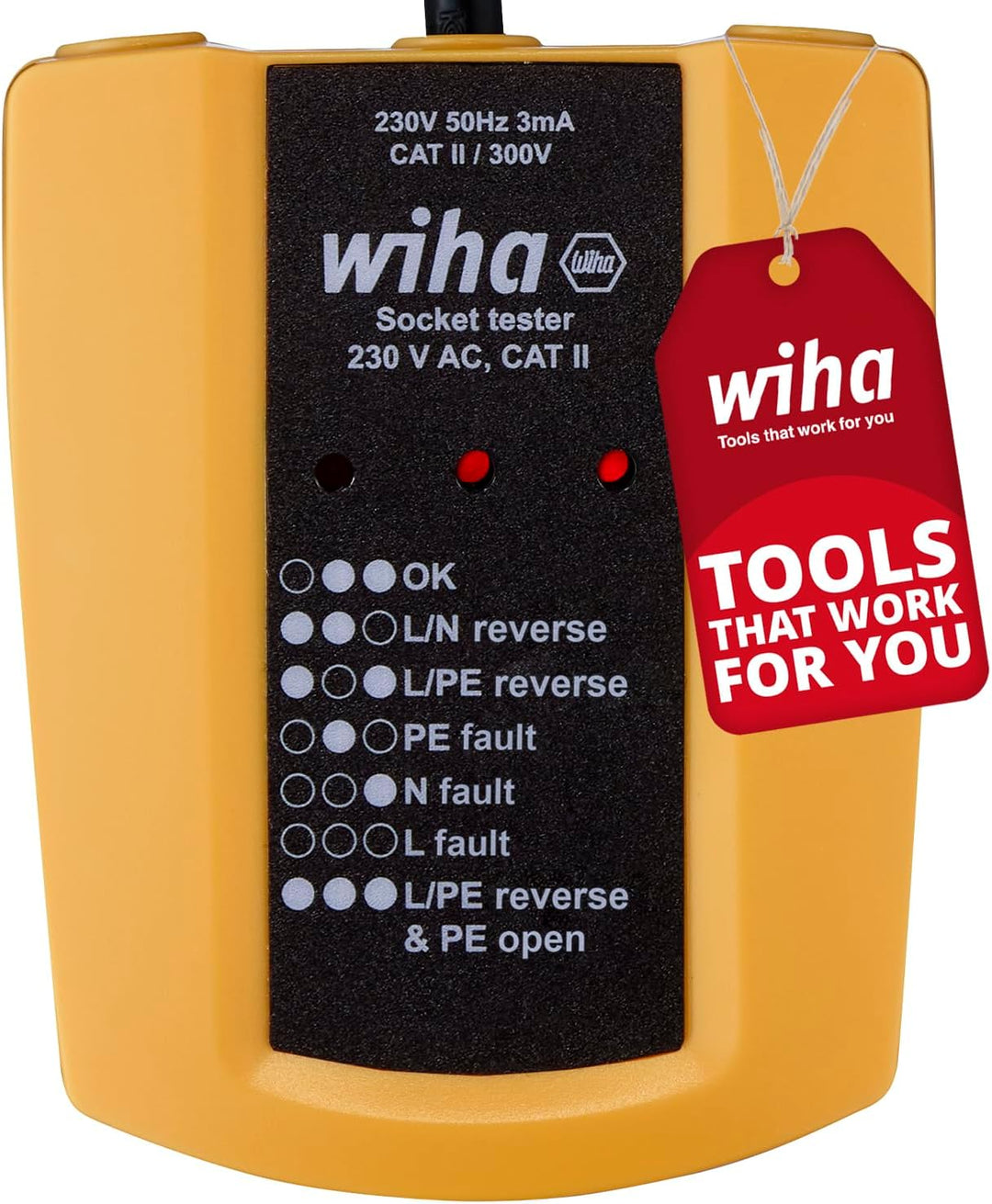 Wiha Steckdosentester 230 V AC, CAT II inkl. 2x AAA-Batterien I mit flexiblem Kabel I LED-Anzeige (4