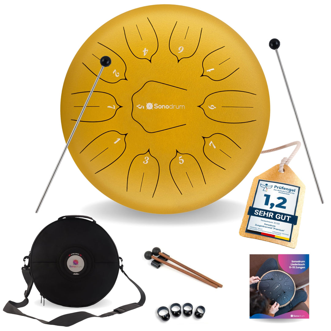 Sonodrum Zungentrommel "Standard 30cm D-Dur" in Gold - Tongue Drum inkl. Schlägel, gratis Liederbuch