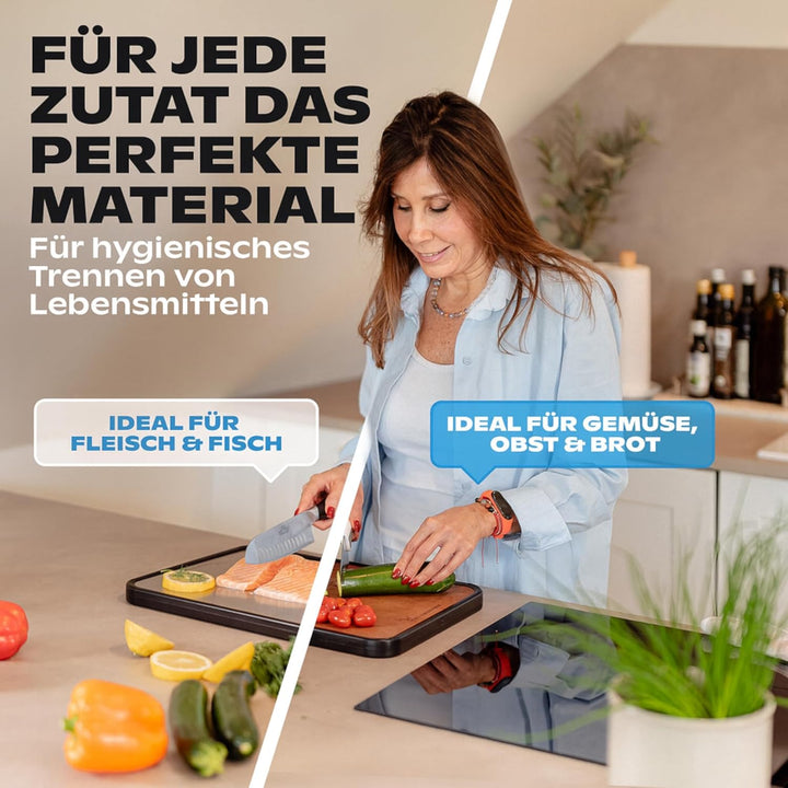 Doppelseitiges Schneidebrett Holz & Edelstahl – 2-in-1 Küchenbrett | Rutschfestes Cutting Board, Gro