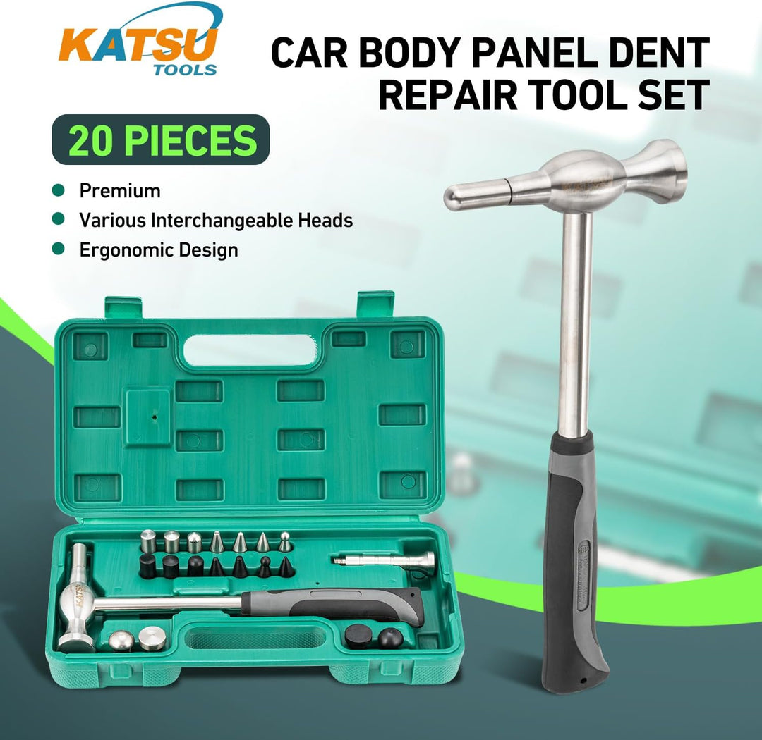 KATSU Tools 20 Stück Auto Karosserie Panel Dent Repair Tool Set - Edelstahl Hammer mit Tap Down Pen
