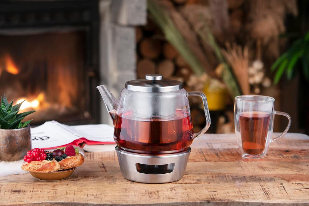 Bredemeijer grosse gläserne einwandige Teekanne 1.5 Liter Set mit Edelstahl Teewärmer - zur Aufberei