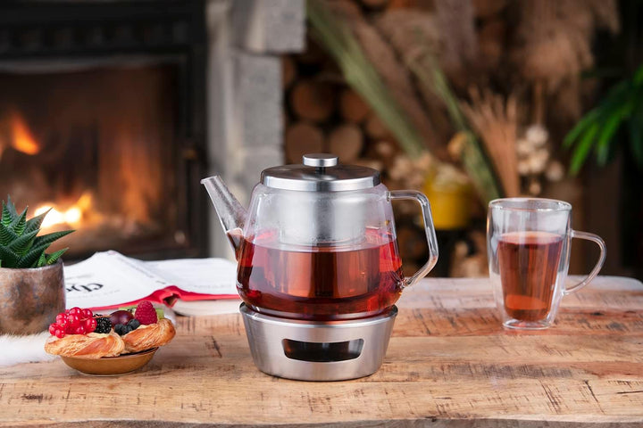 Bredemeijer grosse gläserne einwandige Teekanne 1.5 Liter Set mit Edelstahl Teewärmer - zur Aufberei