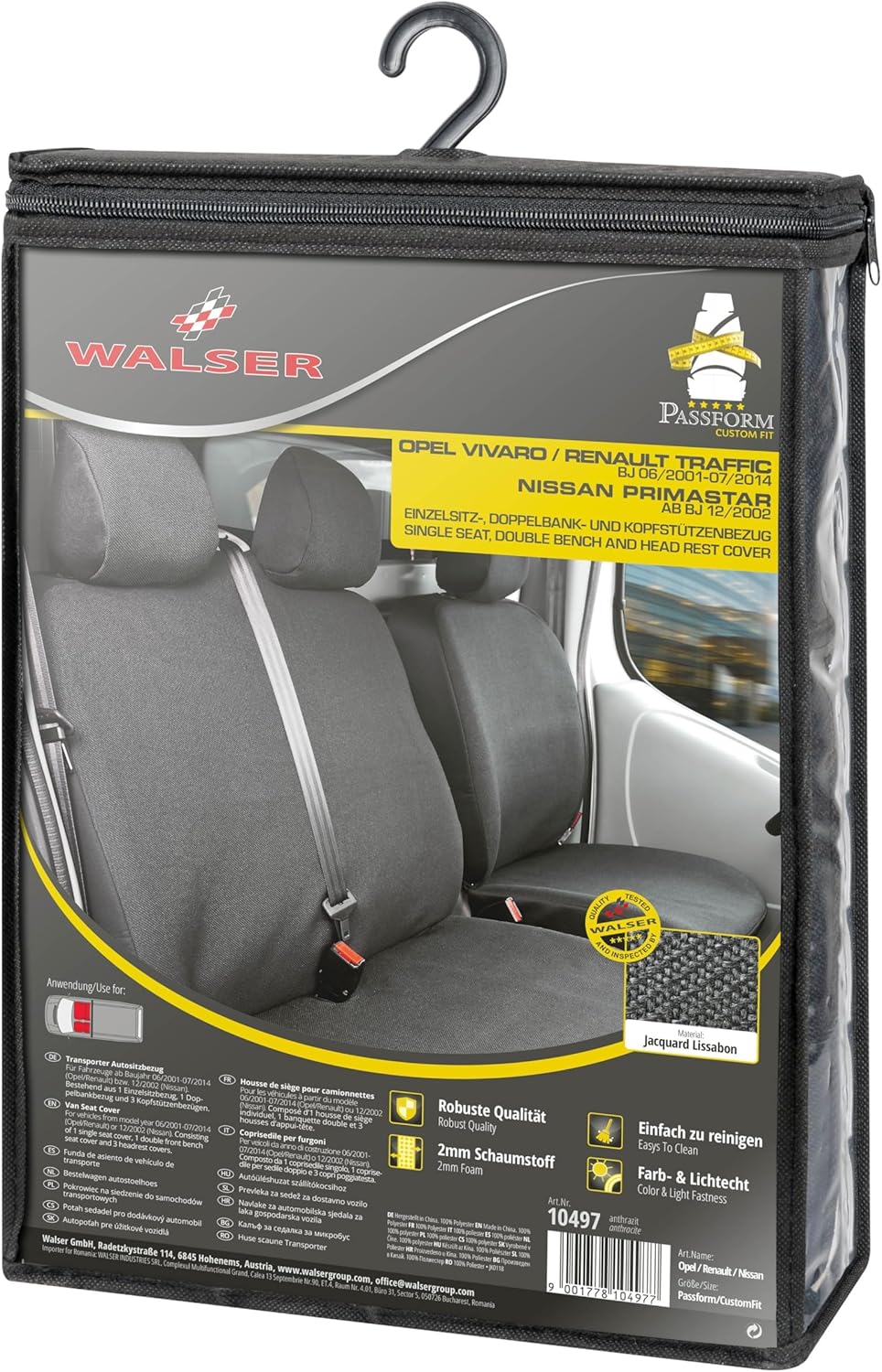 Walser Transporter Sitzbezüge Auto kompatibel mit Opel Vivaro, Renault Traffic, Einzel/Doppelbank, A