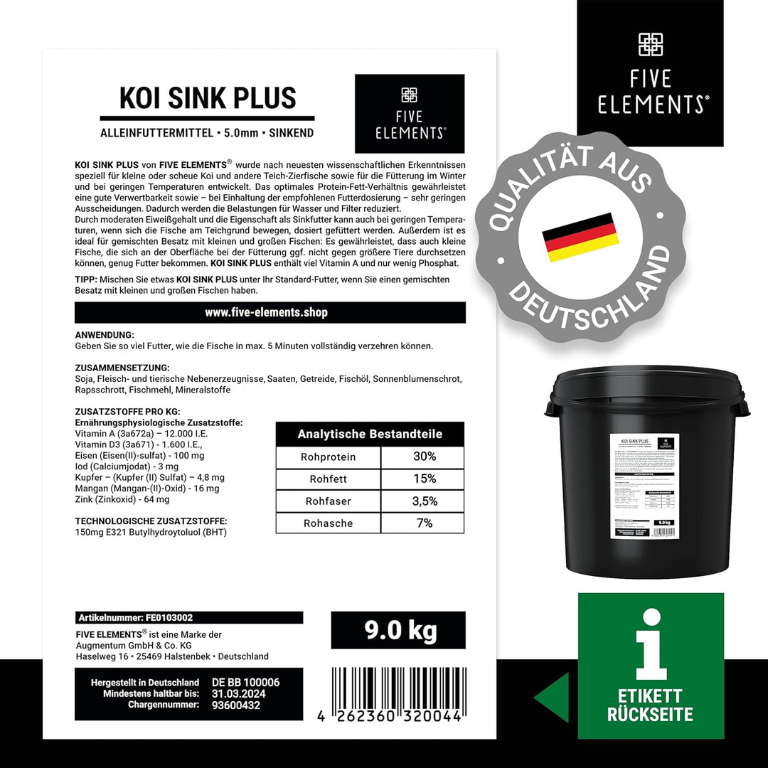 FIVE ELEMENTS® Koi Sink Plus | 9,0 kg | optimal für Herbst und Winter | sinkendes Koi-Futter | ideal