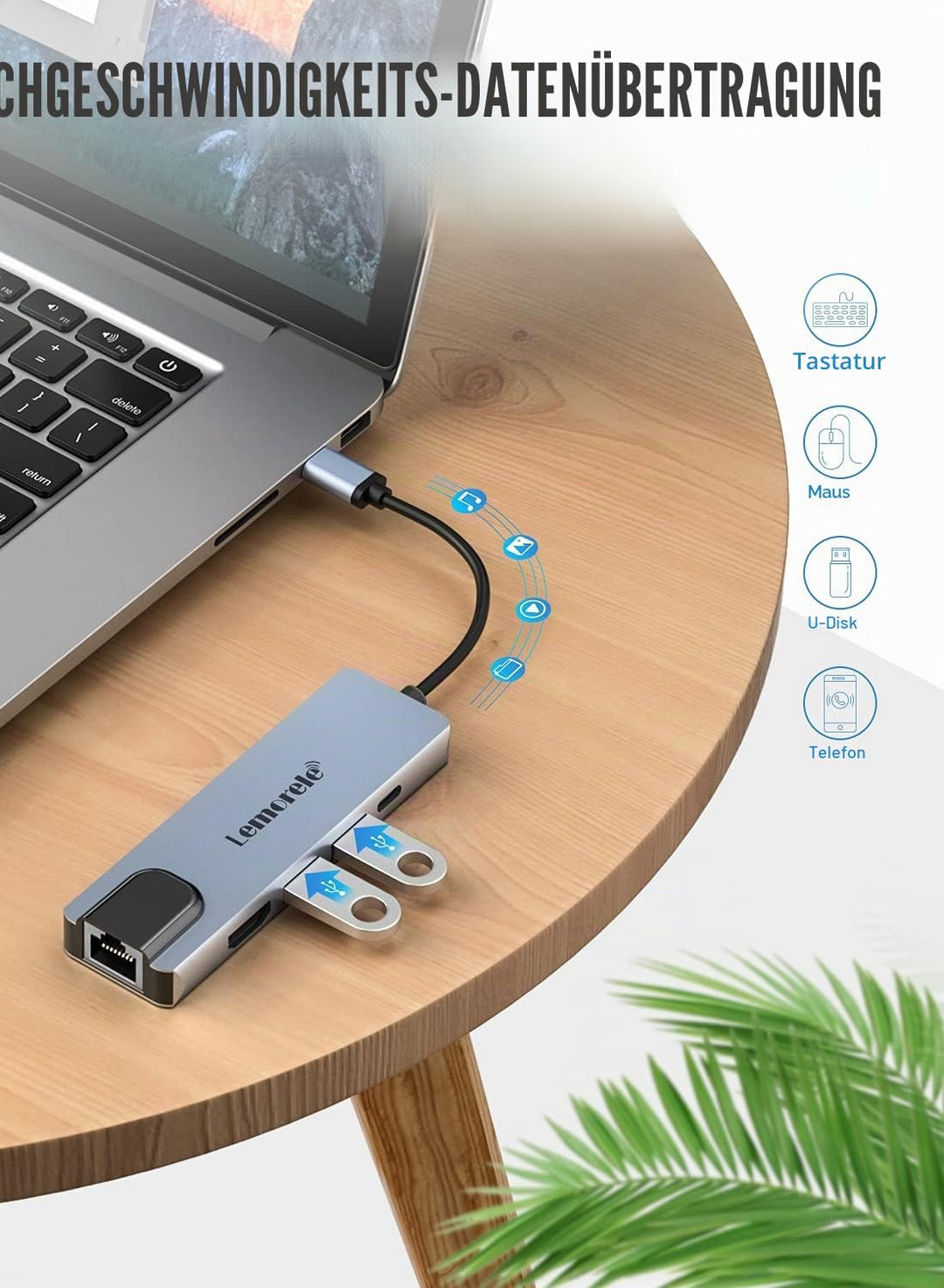 Lemorele USB C Hub (5 in 1 - Upgraded), USB C Multiport Adapter mit HDMI 4K, LAN RJ45 Ethernet, 2 US