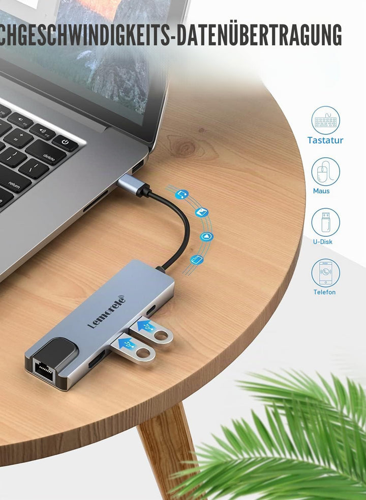 Lemorele USB C Hub (5 in 1 - Upgraded), USB C Multiport Adapter mit HDMI 4K, LAN RJ45 Ethernet, 2 US