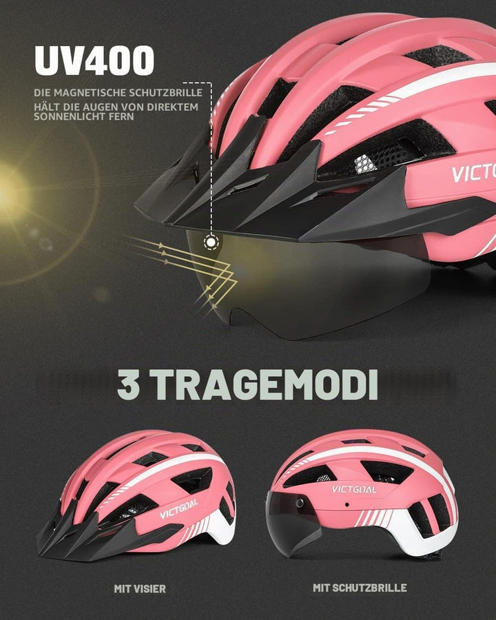 VICTGOAL Fahrradhelm Herren Damen MTB Helm mit Abnehmbarer Magnetische Schutzbrille Visier Atmungsak