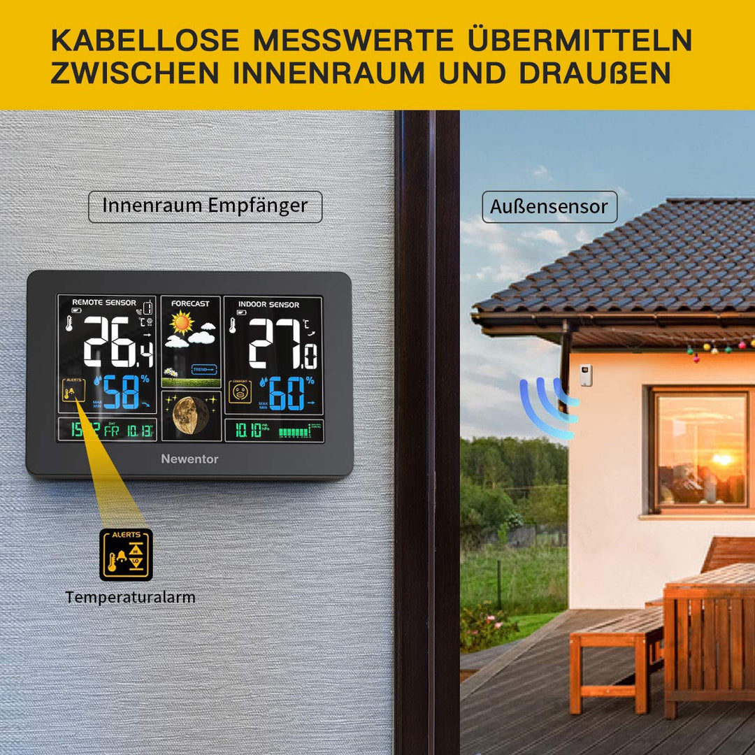 Newentor Wetterstation Funk mit Aussensensor - Funkwetterstation mit Wettervorhersage, Temperaturwar