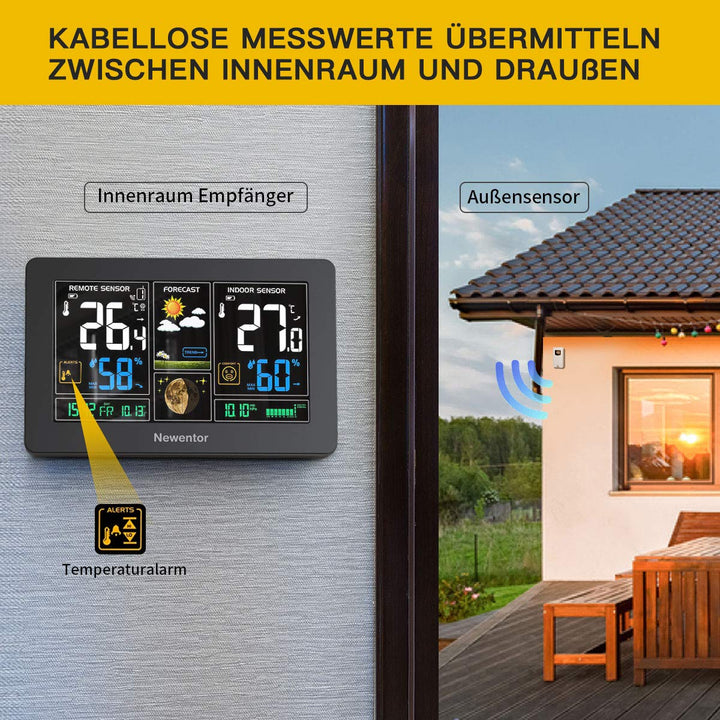 Newentor Wetterstation Funk mit Aussensensor - Funkwetterstation mit Wettervorhersage, Temperaturwar