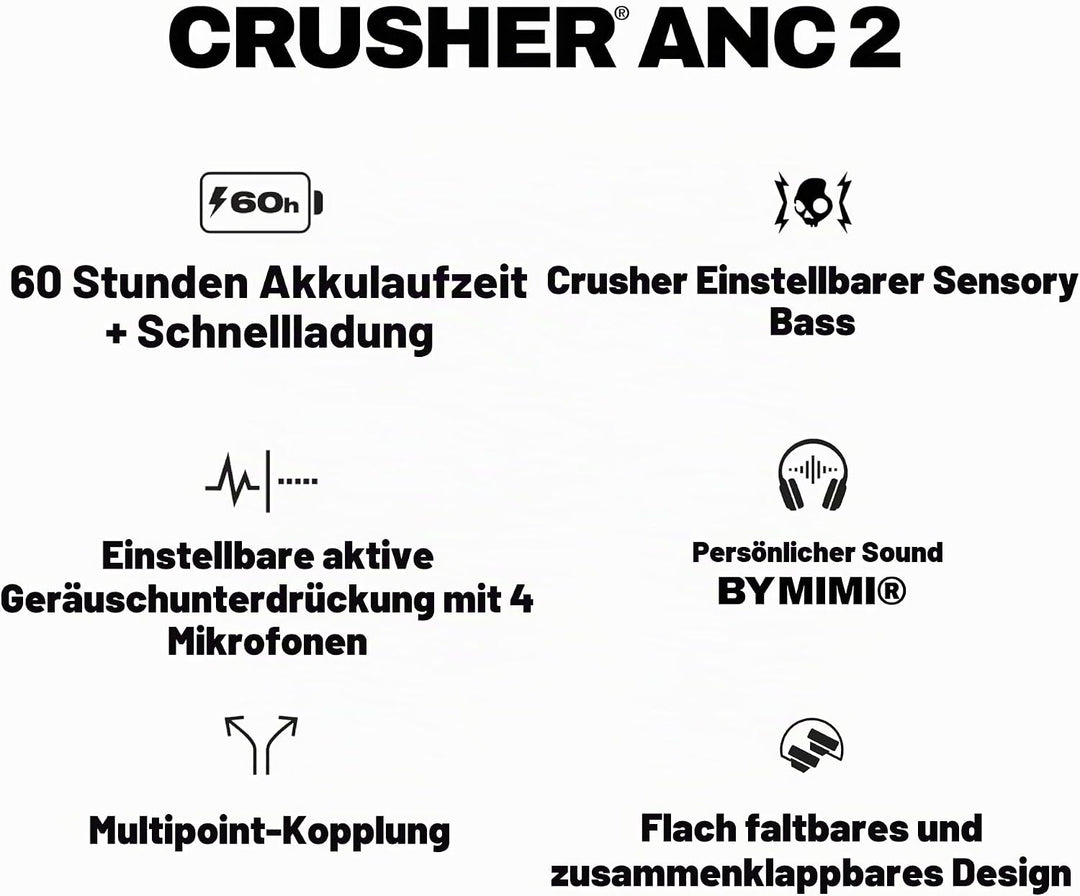 Skullcandy Crusher ANC 2 Over-Ear Noise Cancelling Wireless-Kopfhörer mit Sensory Bass, 50 Std. Akku